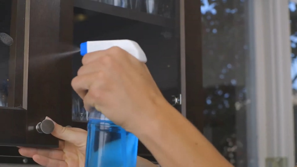 Spraying glass cleaner onto the kitchen cabinet with glass panel